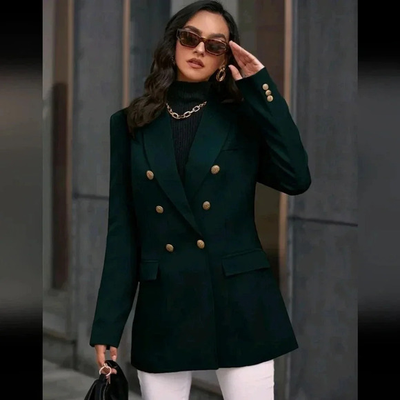 Solid Double Breasted Flap Detail Blazer Workwear - Picture 2 of 5